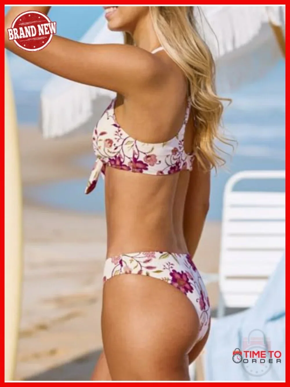 Two Piece Bikini Set Floral Print Knot Tie Adjustable Straps Removable Pads